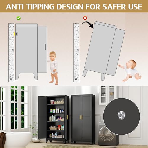 75.2" Tall Metal Pantry Cabinet, Storage Cabinets with 4 Door and 4 Adjustable Shelves, Black Kitchen Pantry Storage Cabinet, Freestanding Cupboard for Kitchen Dining Room Living Room Bathroom