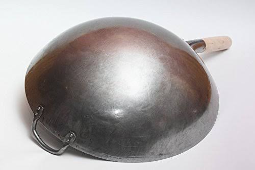 Big 16 inch Heavy Hand Hammered Carbon Steel Pow Wok with Wooden and Steel Helper Handle (Round Bottom) 731w138 by Craft Wok