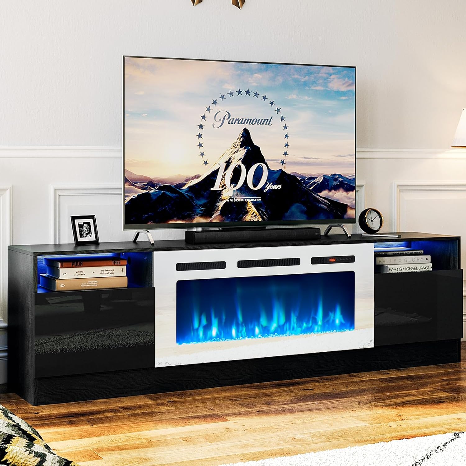 oneinmil Fireplace TV Stand with 36" Electric Fireplace, LED Light Entertainment Center with Modern Wood Texture, Highlight Storage Cabinet for TVs Up to 90", 79 inches, Black