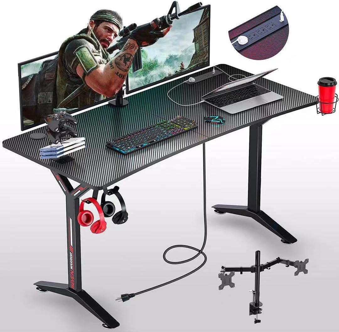 Seven Warrior Gaming Desk 55INCH with Power Outlet & Dual Monitor Mount, Carbon Fiber Surface Computer Gamer Desk with Full Desk Mouse Pad, Ergonomic Y Shaped Gamer Table with Outlet Organizer