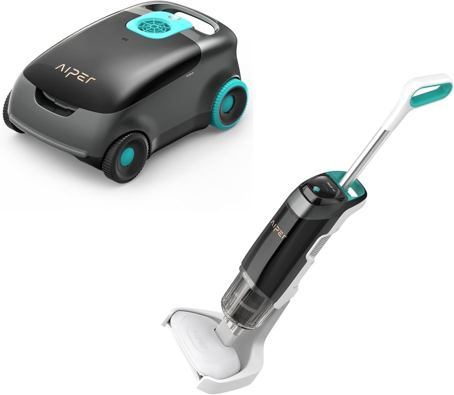 AIPER Scuba E1 Cordless Robotic Pool Cleaner with Dual-Filtration, Lasts up to 100-130 Mins, Self-Parking Technology, Pilot H2 Handheld Pool Vacuum Cleaner for In-ground and Stubborn Corners