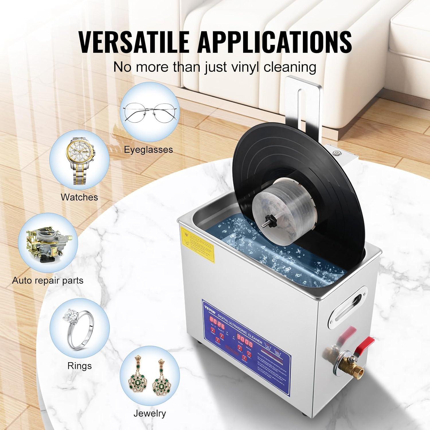 VEVOR Ultrasonic Cleaner, 6L Ultrasonic Vinyl Cleaner 7-12 Inch, 8 Records Ultrasonic Vinyl Cleaning Machine, 180W Ultrasonic Records Cleaner with Drying Rack for Home Store
