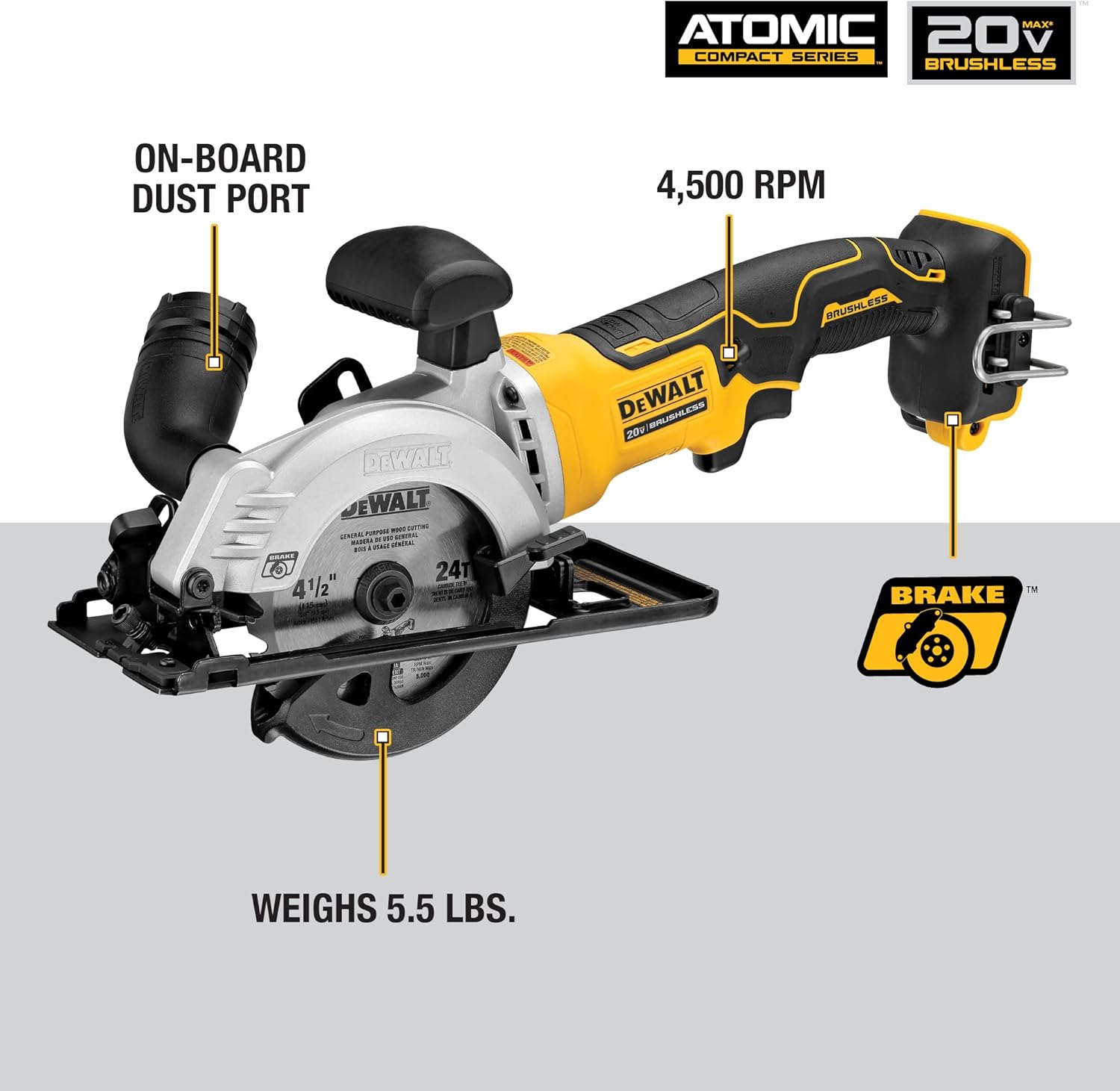 DEWALT ATOMIC 20V MAX* Circular Saw, 4-1/2-Inch, Tool Only (DCS571B)