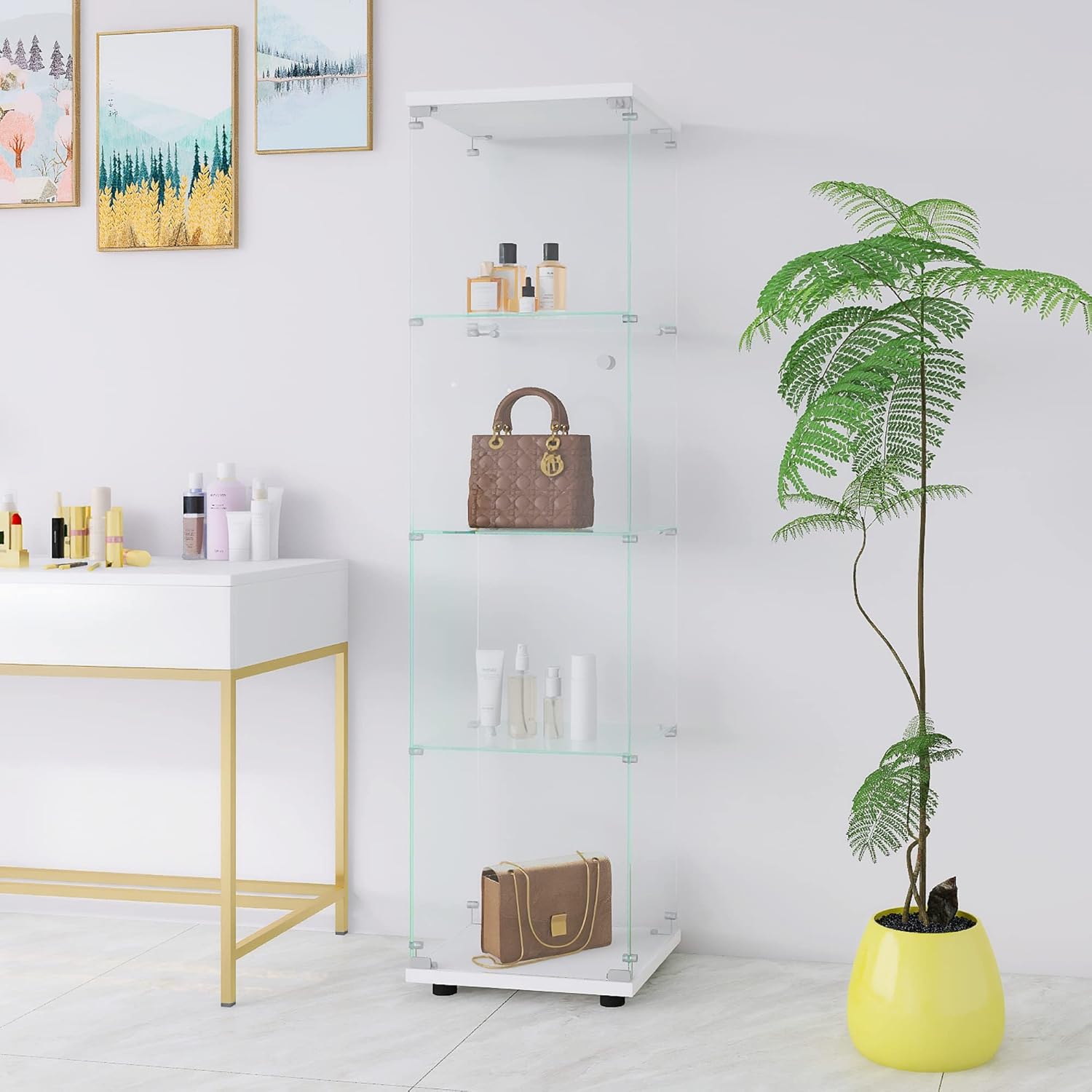 4-Shelf Glass Display Cabinet with Door and Lock, Upgraded Quick-Install Style Curio Cabinets 5mm Tempered Glass Floor Standing Bookshelf for Bedroom, Living Room 64.7”x 16.7”x 14.3” White