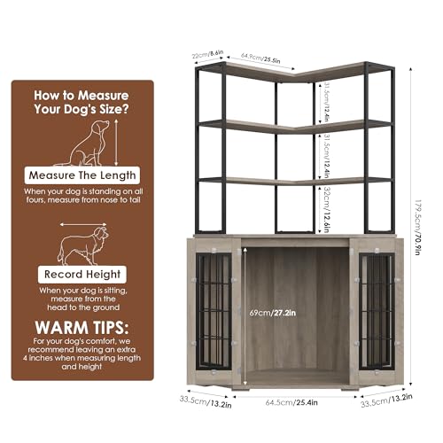 Corner Dog Crate Furniture with Storage, Decorative Large Dog Kennel Indoor Furniture with Double Doors, 2 Safety Locks, 4-Tier Shelves, Large Dog Cage Furniture for Medium and Big Dogs