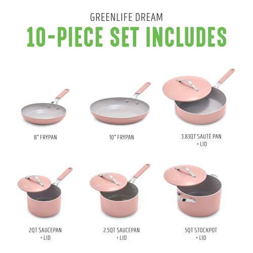 GreenLife Dream 10-Piece Ceramic Nonstick Cookware Set, Pots Frying & Sauce Pans, PFAS-Free & PFOA-Free, Dishwasher & Oven Safe, Stay-Cool Handles, Durable Aluminum Body, Versatile Cooking, Dusty Rose