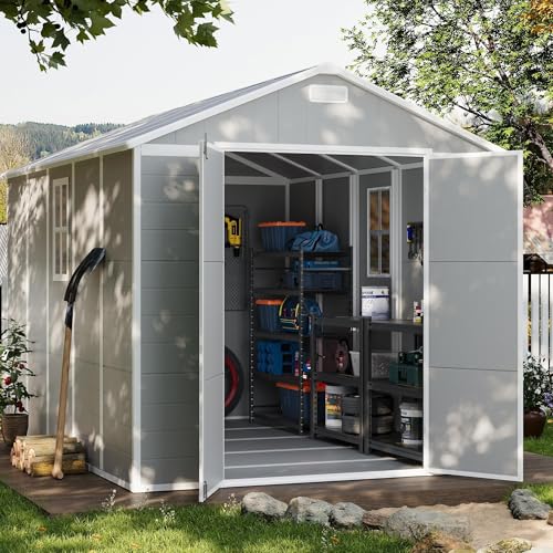 UDPATIO Outdoor Storage Shed 6 x 6 FT, Resin Garden Sheds with Floor Plastic Patio Outdoor Storage Shed with Lockable Door for Tool, Bike, Garbage Gray White