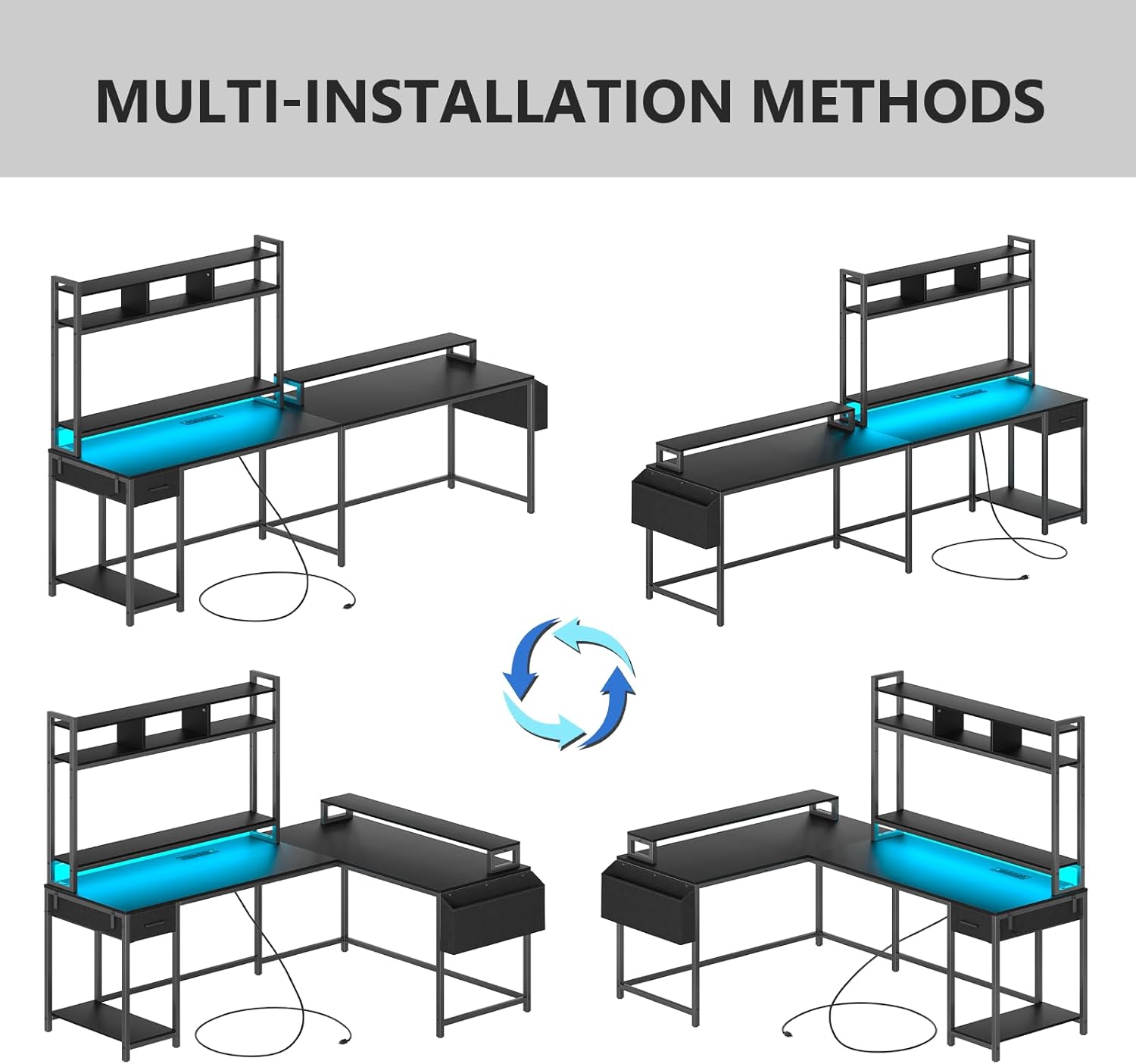 L Shaped Gaming Computer Desk with Monitor Shelf, Reversible Gaming Desk with Power Outlets & LED Lights,Extra Large Long Office Desk, Corner Desk for Home Office