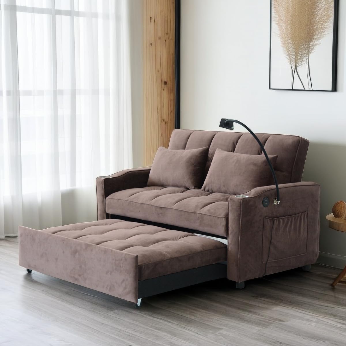 Lazy Sofa Bed, Modern Sleeper Reclining Bed, Living Room Soft Sofa, Pull Out Sofa Chair with Pillow and Convertible Backrest, Living room Pull Out Sofa Bed for Small Space