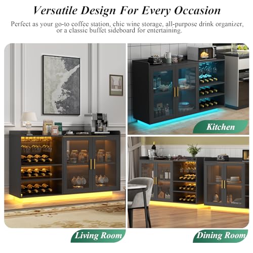 Loomie Wine Bar Cabinet with LED Lights, Floating Coffee Bar with Glass Rack and Removable Wine Racks, Modern Buffet Sideboard with Storage Shelves, Kithchen Bar with Glass Cabinet Doors, Black