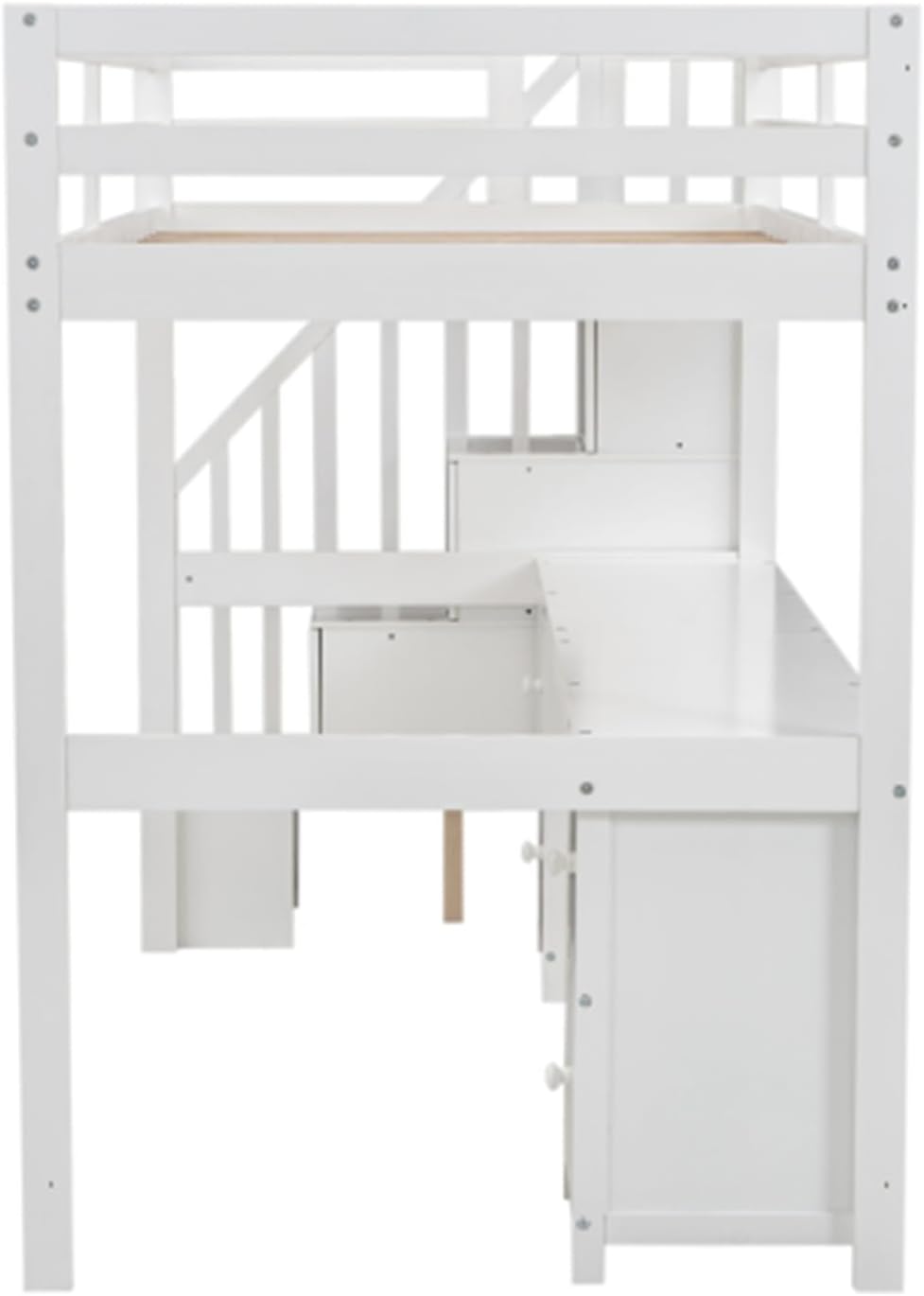 Simple double loft bunk bed frame with built-in desk and double storage drawers, with ladder fence, white