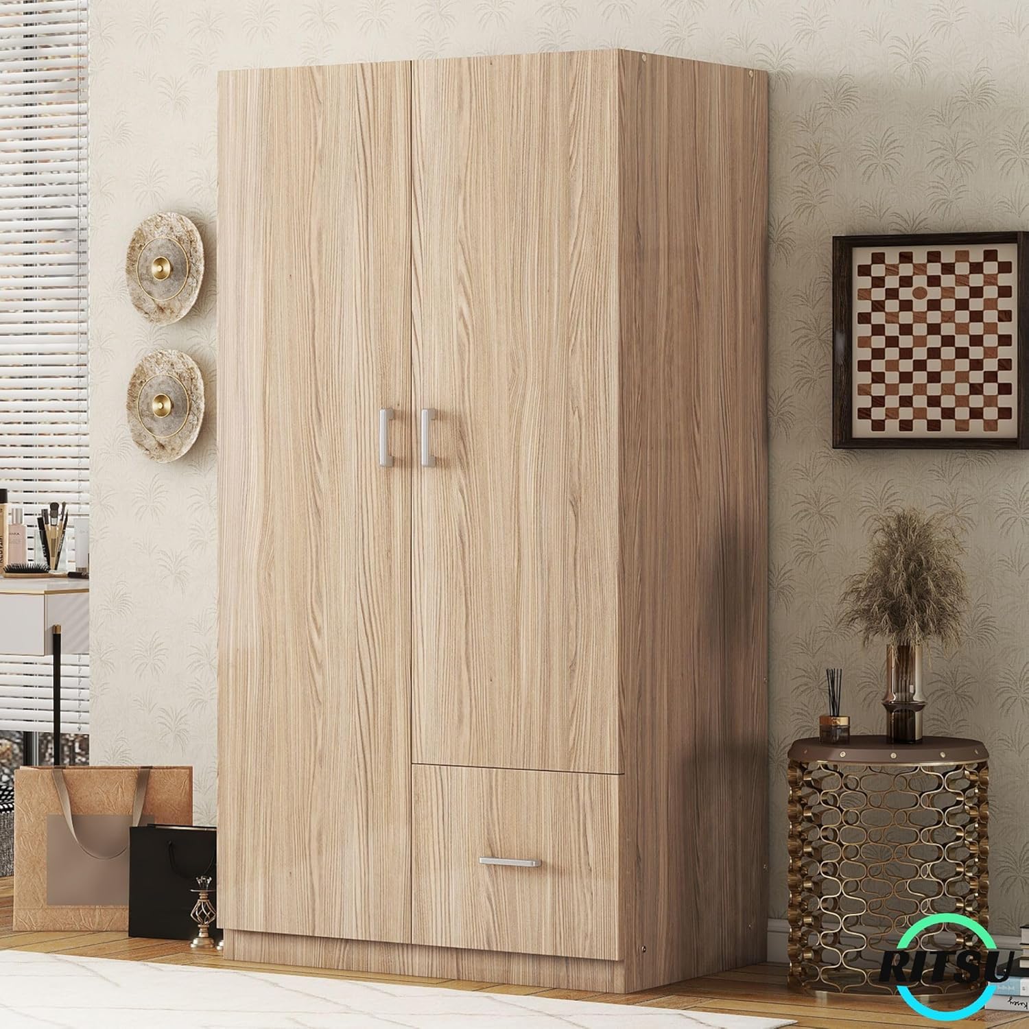 RITSU Armoire Wardrobe 2 Doors, Freestanding Clothes Cabinet w/ 1 Drawer, 5 Open Shelves and Hanging Rod, Versatile Wooden Storage Closets Organization for Bedroom, Natural, 31.5 Inch