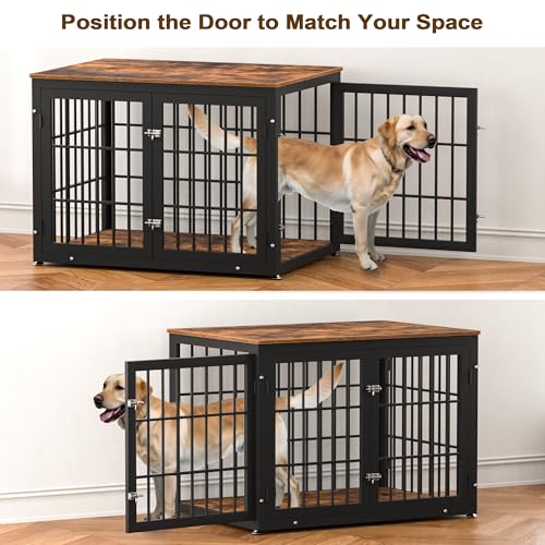 48 Inch Heavy Duty Dog Crate Furniture for Large Dogs, Decorative Pet House End Table, Extra Large Wooden Cage Kennel Furniture Indoor, Natural and White