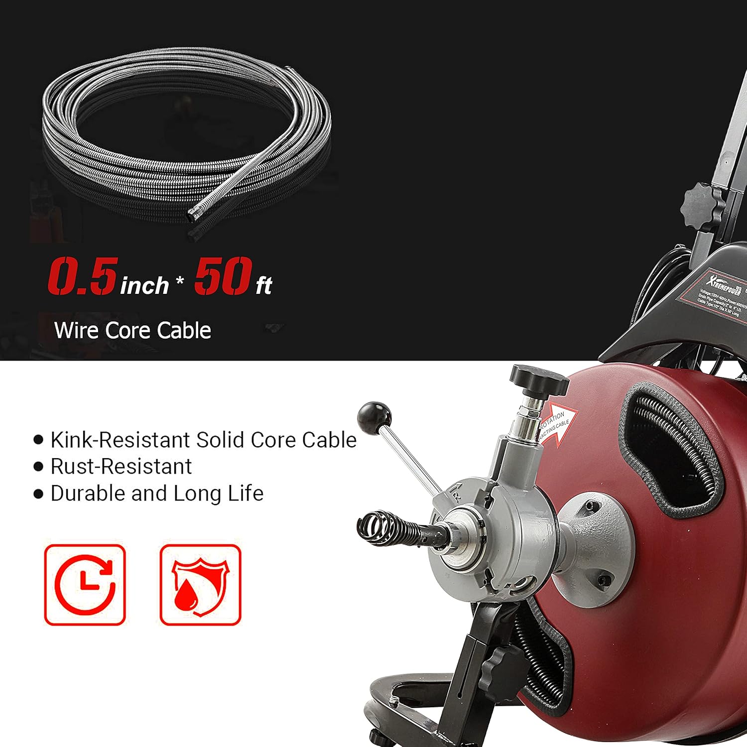 XtremepowerUS Commercial Sewer Snake Drill Drain Auger Cleaner Cable 50-Feet Long 1/2 (4)-Cutter Set & Foot Switch with Wheel