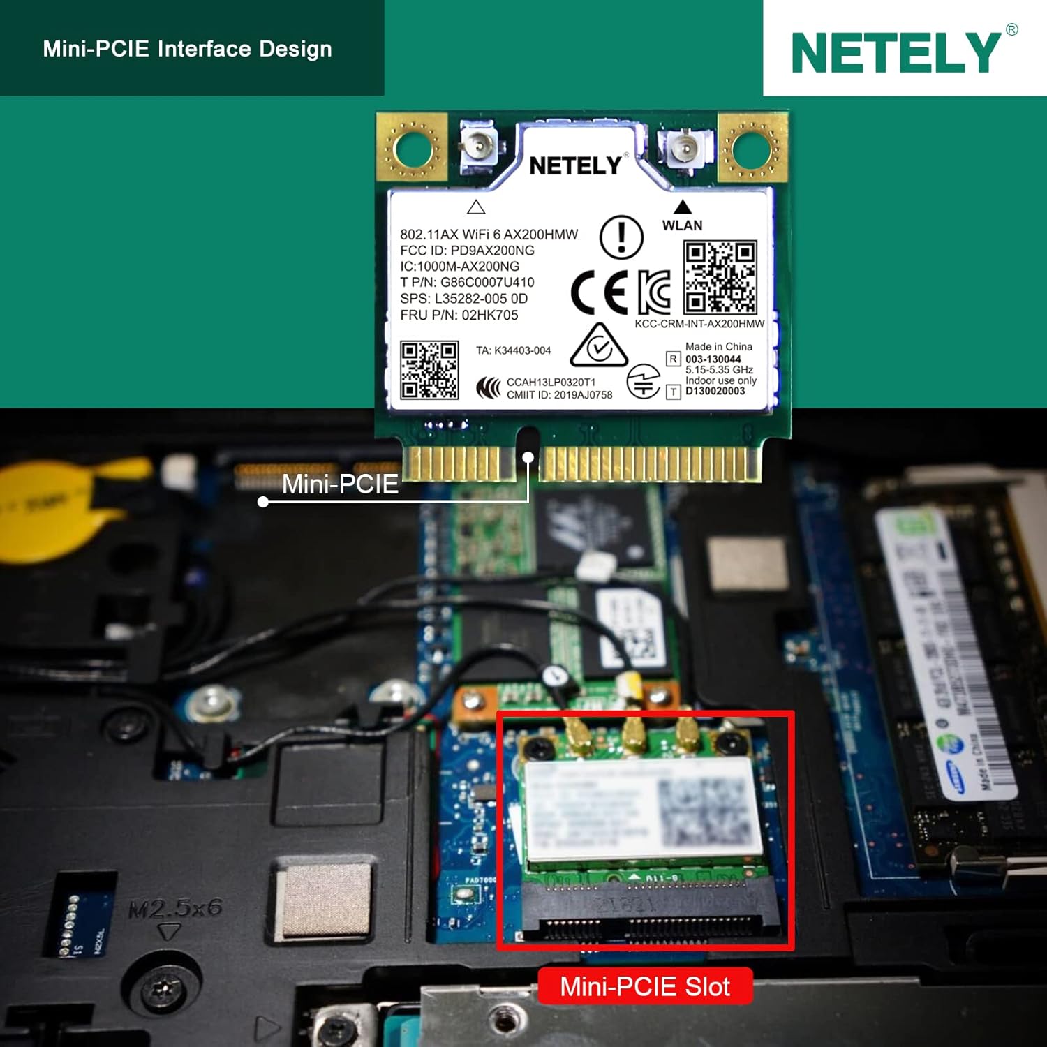 NETELY 802.11AX WiFi 6 AX200HMW Mini-PCIE Interface WiFi Bluetooth Adapter-WiFi 6 3000Mbps (2.4GHz 574Mbps & 5GHz 2400Mbps) Network Card with Bluetooth 5.2 (WiFi 6 AX200HMW) Pack of 2