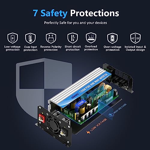 Power Inverter Pure Sine Wave 1200 Watt 12V DC to 120V with USB Ports Type-C PD30W and QC 3.0 Fast Charger with Remote for RV Car Solar System Emergency