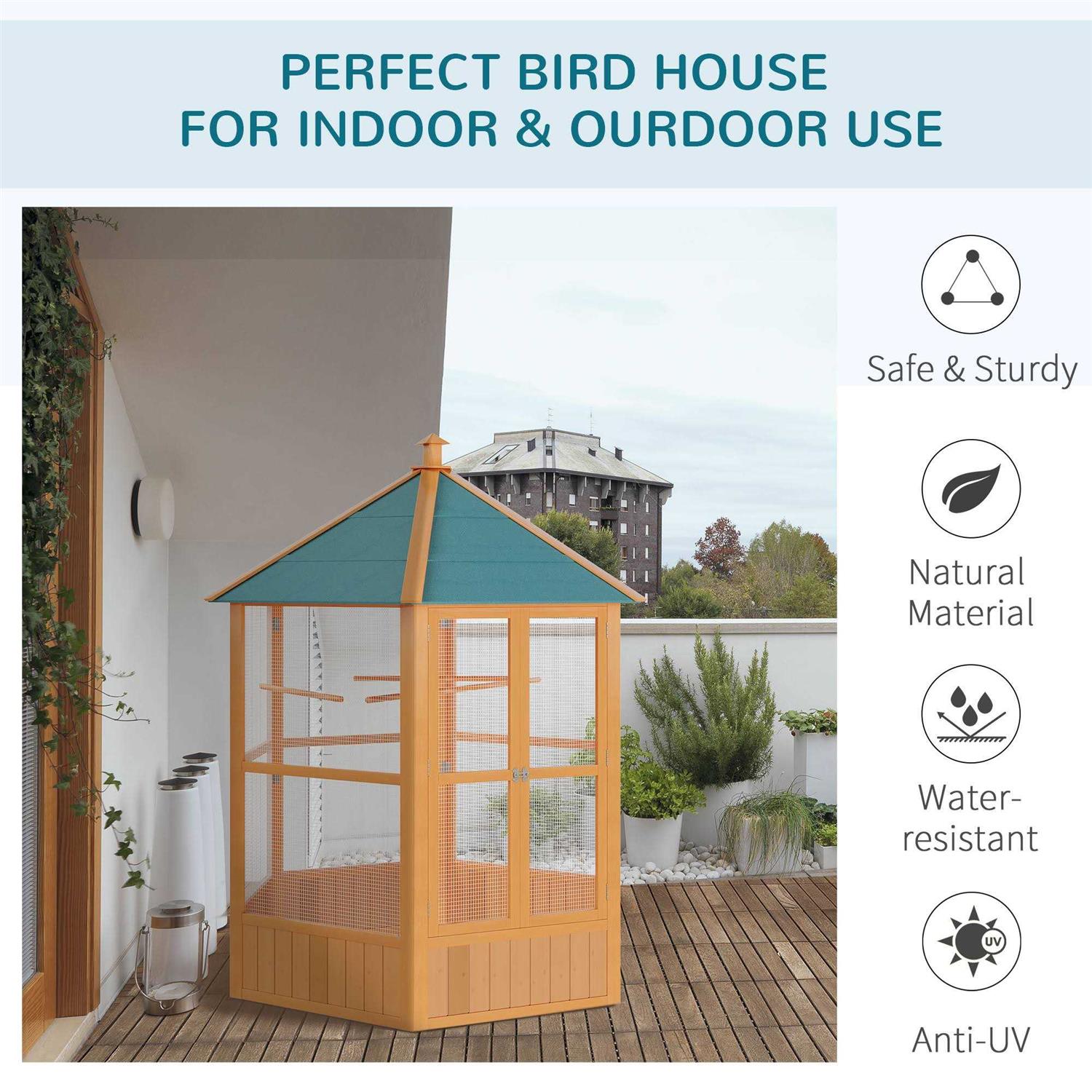 PawHut 69 Large Wooden Hexagonal Outdoor Aviary Flight Bird Cage With Covered Roof - Pet Supplies online store