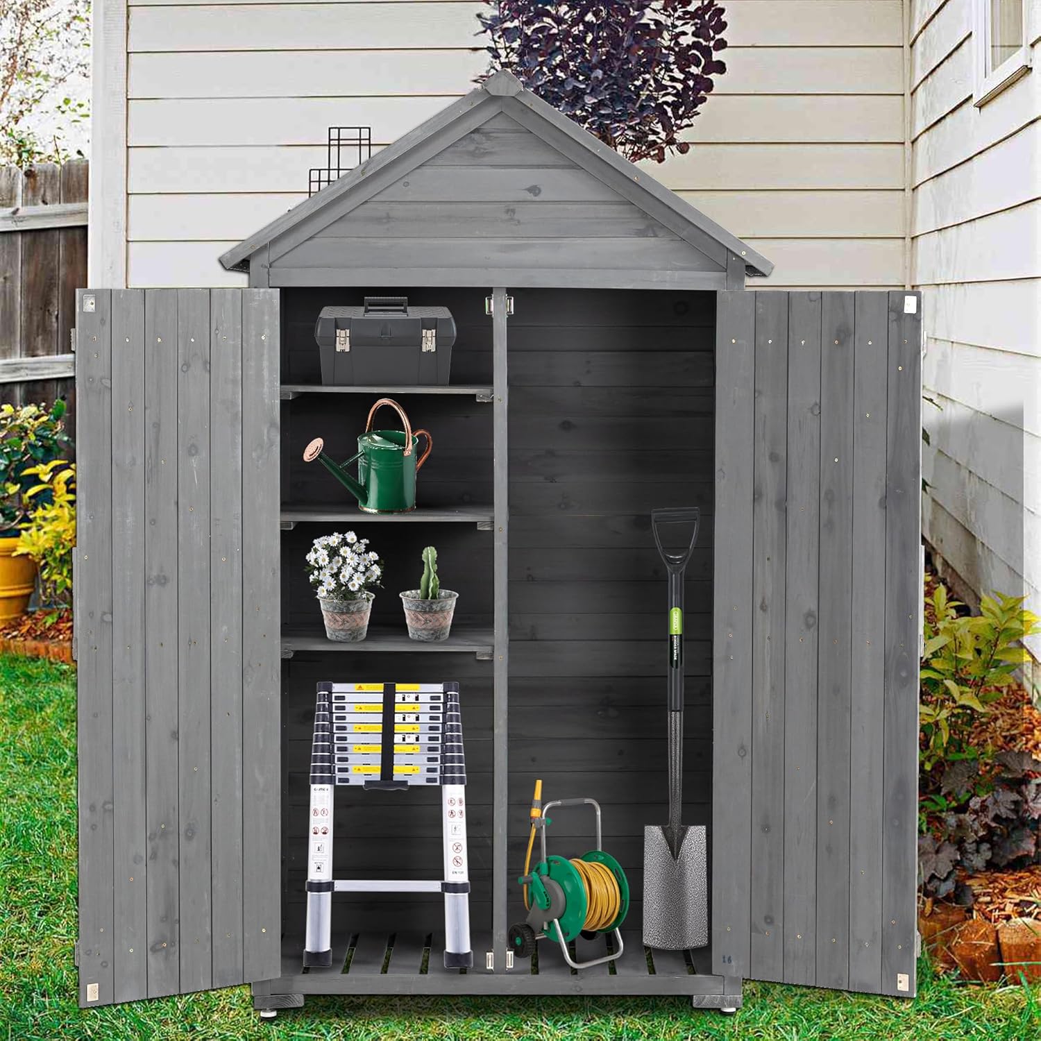 3x2 FT Outdoor Wooden Storage Shed with Lockable Door, Waterproof Asphalt Roof, Detachable Shelves, Outside & Indoor Tool Shed for Garden Backyard Lawn