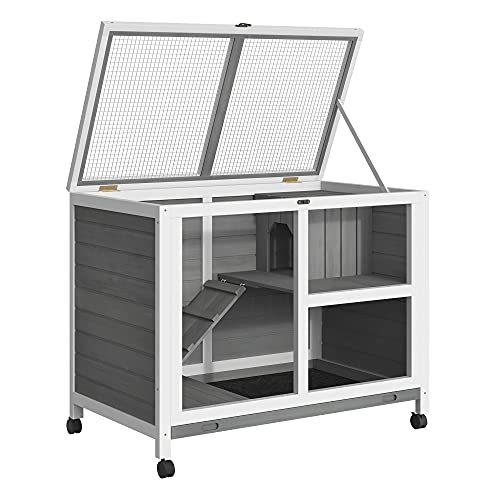 PawHut Indoor Rabbit Hutch with Wheels, Desk and Side Table Sized, Wood Rabbit Cage, Waterproof Small Rabbit Cage, Natural