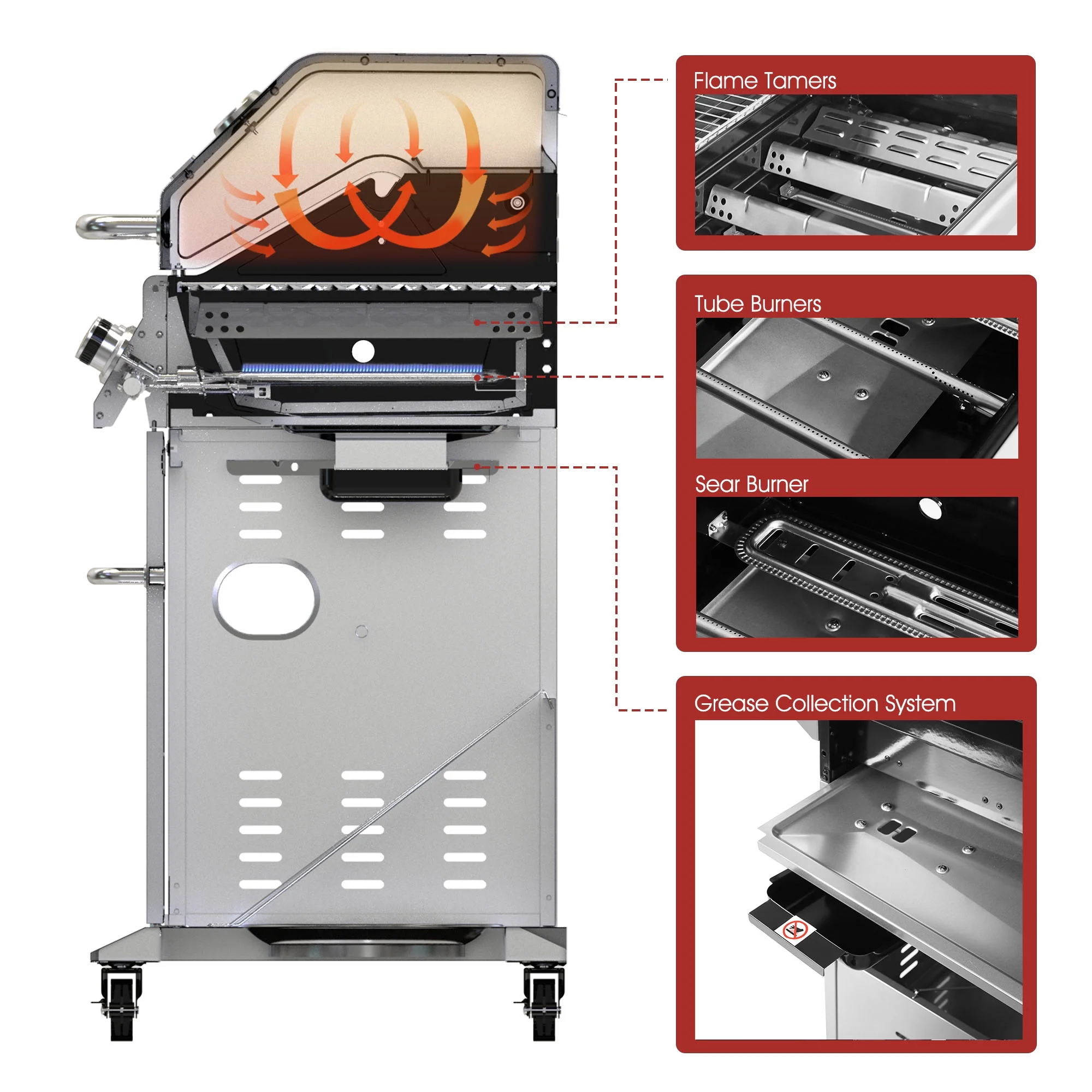 Royal Gourmet GA6402S Stainless Steel Gas Grill, Premier 6-Burner BBQ Grill with Sear Burner and Side Burner, 74,000 BTU, Cabinet Style, Outdoor Party Grill, Silver