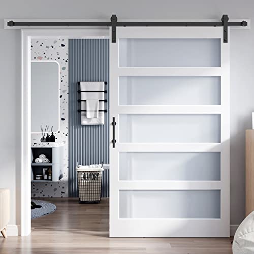 36x84 Inch Glass Sliding Barn Door Slab and 6.6ft Hardware Kit Included, 5 Frosted Glass, LVL Wood Panel Covered with White Water-Proof Scratch-Proof PVC Surface, Simple DIY Assembly
