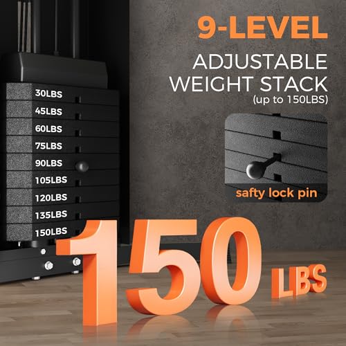Multifunctional Home Gym Equipment, Workout Station with 150LBS Weight Stack, Full Body Workout Equipment with Pulley System, All in One Workout Machine with Leg Press