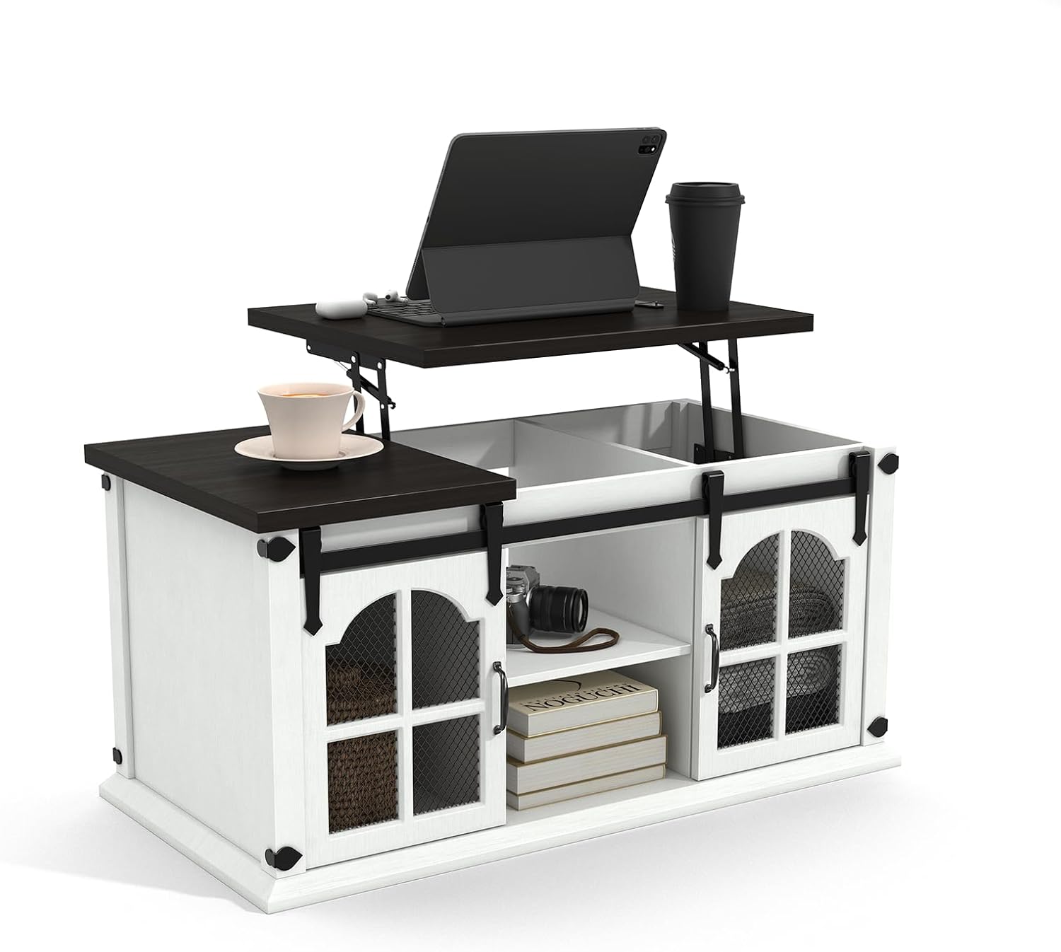 Lift Top Coffee Table with Storage,Farmhouse Coffee Table with Sliding Barn Door,Rustic Center Table with Shelves,Wood Storage Coffee Table with Lifting Top for Living Room,Office,White