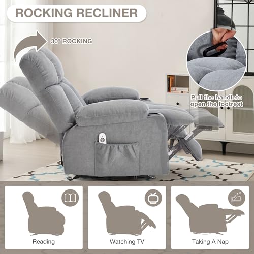 Massage Rocker Recliner Chair with Heat and Vibration Ergonomic Rocking Lounge Chair for Living Room Comfy Overstuffed Recliner with 4 Side Pockets,2 Cup Holders, USB Charge Port, Grey
