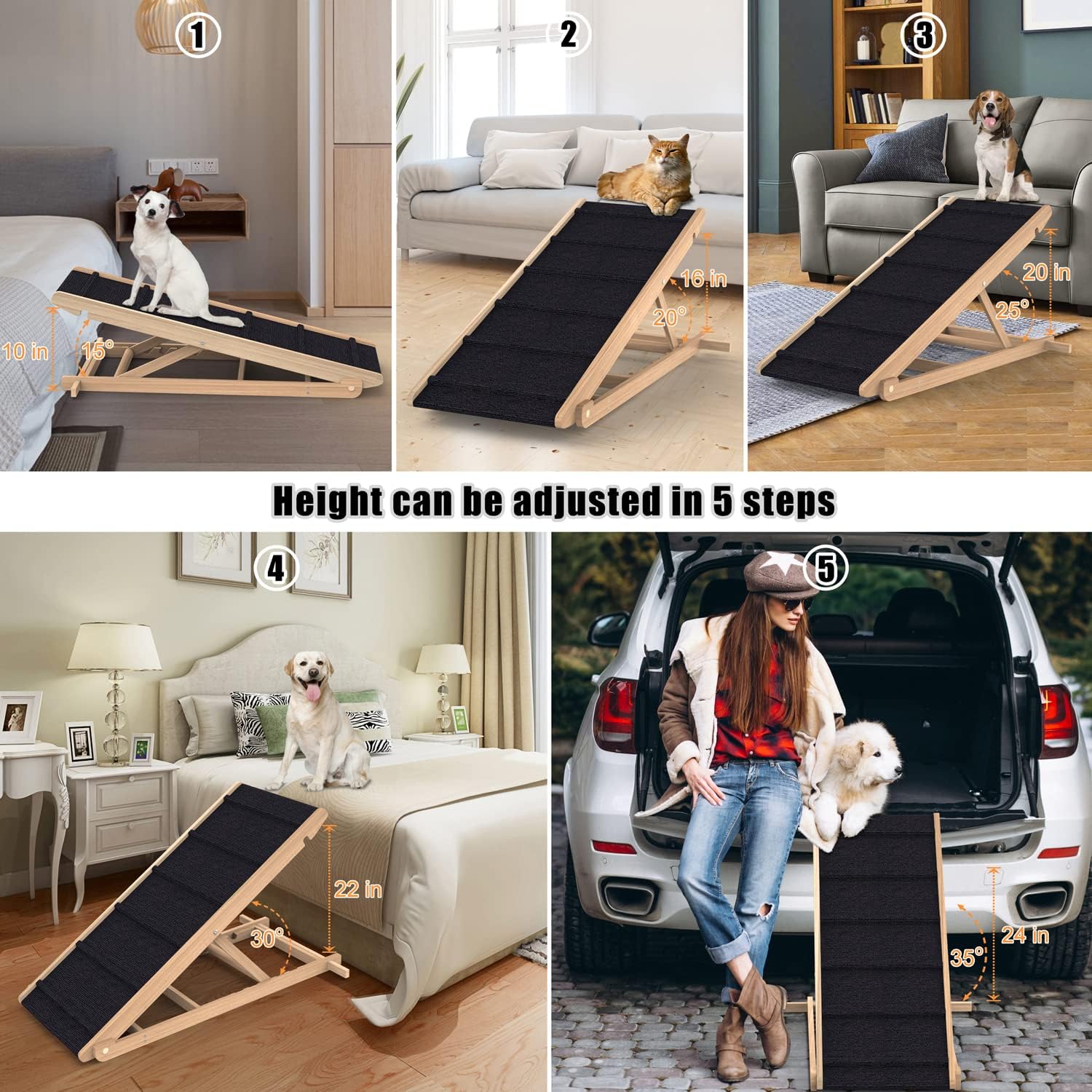Adjustable Dog Ramp for All Dogs and Cats - Folding Portable Pet Ramp for Couch or Bed with Non Slip Paw Traction Mat, 40”Long and Height Adjustable from 10”to 24” - Up to 250 Lbs