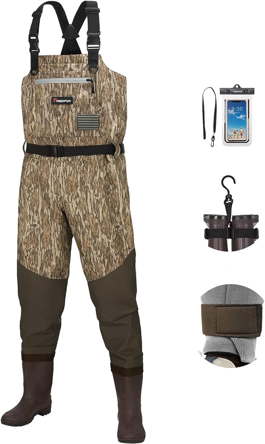 Piscifun BX Breathable Chest Waders with Boots, Bootfoot Chest Waders, 3-Layer Polyester Fishing & Hunting Waders for Men and Women, Bootfoot Waders with Boot Hanger (Brown & Camouflage)
