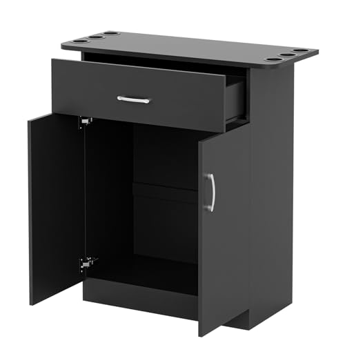 Wall Mount Salon Storage Station Barber Cabinet with Drawer and 2 doors, Hair Stylist Station with 6 Hair Dryer Holders, Beauty Styling Station Organizer Equipment(Black)