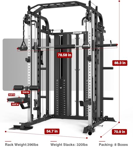 DONOW Smith Machine with Weight Stacks Power Cage Squat Rack Dual Cable Crossover Machine Home Gym Systems Station LAT Pull Down