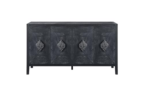 Retro Design 60'' Sideboard Large Storage Cabinet with 4 Doors and Adjustable Shelves, Solid Wood Console Table TV Stand with Open Storage for Kitchen Living Room (Smoke Blue)