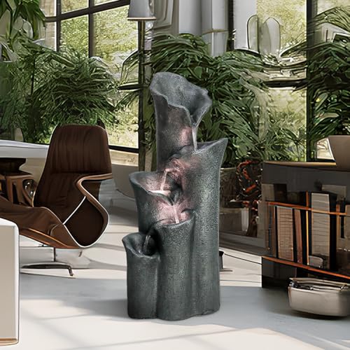 SKYFIRE 28.7”H Garden Fountain Indoor Outdoor Clearance with LED Lights&Pump – 5-Tier Cylindrical Cascading Floor Standing Outdoor Fountains, Pool Fountain for Garden,Patio,House, Office, Home Decor