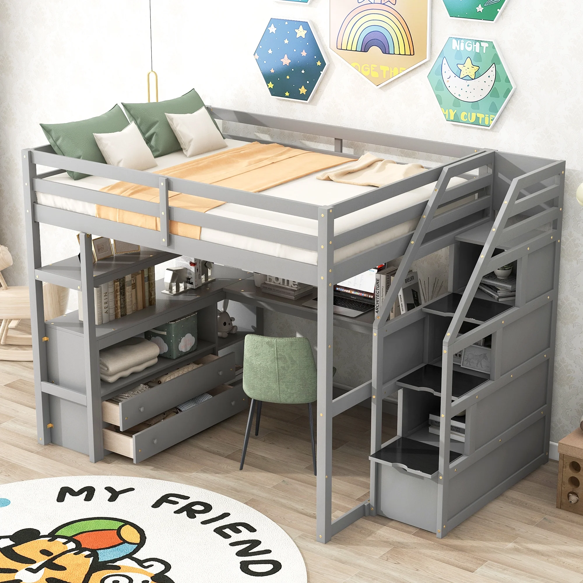 Loft Bed with Desk & Storage Stairs Wood Loft Beds with Two Built-in Drawers, High Loft Bed Frame with Step for Kids, Juniors, Boys and Girls No Box Spring Needed & Space Saving (Full)