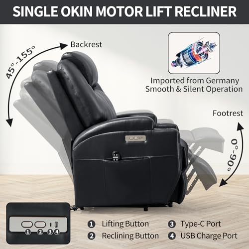 Power Lift Recliner Chair, PU Leather Recliner Massage Chair,Electric Power Recliner for Elderly with Heat,8 Vibrating nodes,3 Massage Modes,USB Type A Type C Ports, Cup Holders,Black