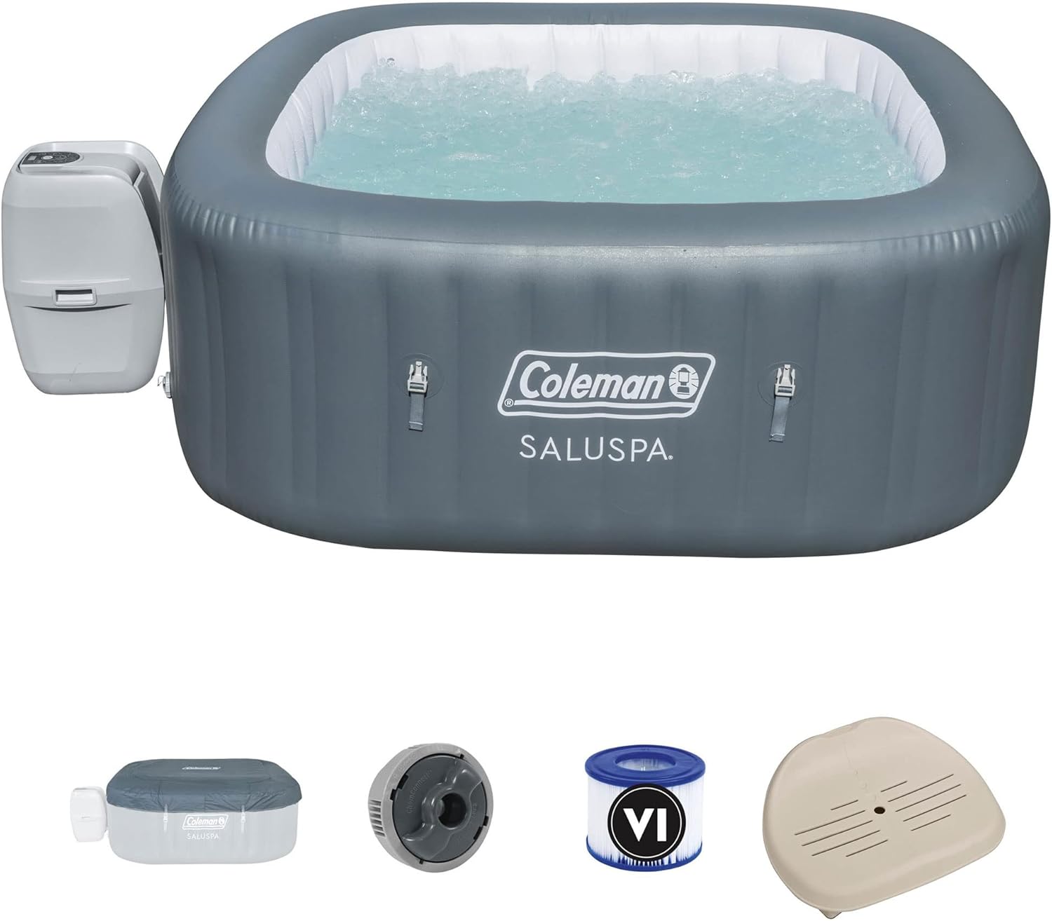 Bestway Coleman SaluSpa 140 AirJet 4-6 Person Inflatable Square Hot Tub Portable Spa with Non Slip Removable Hot Tub Seat Accessory, Gray