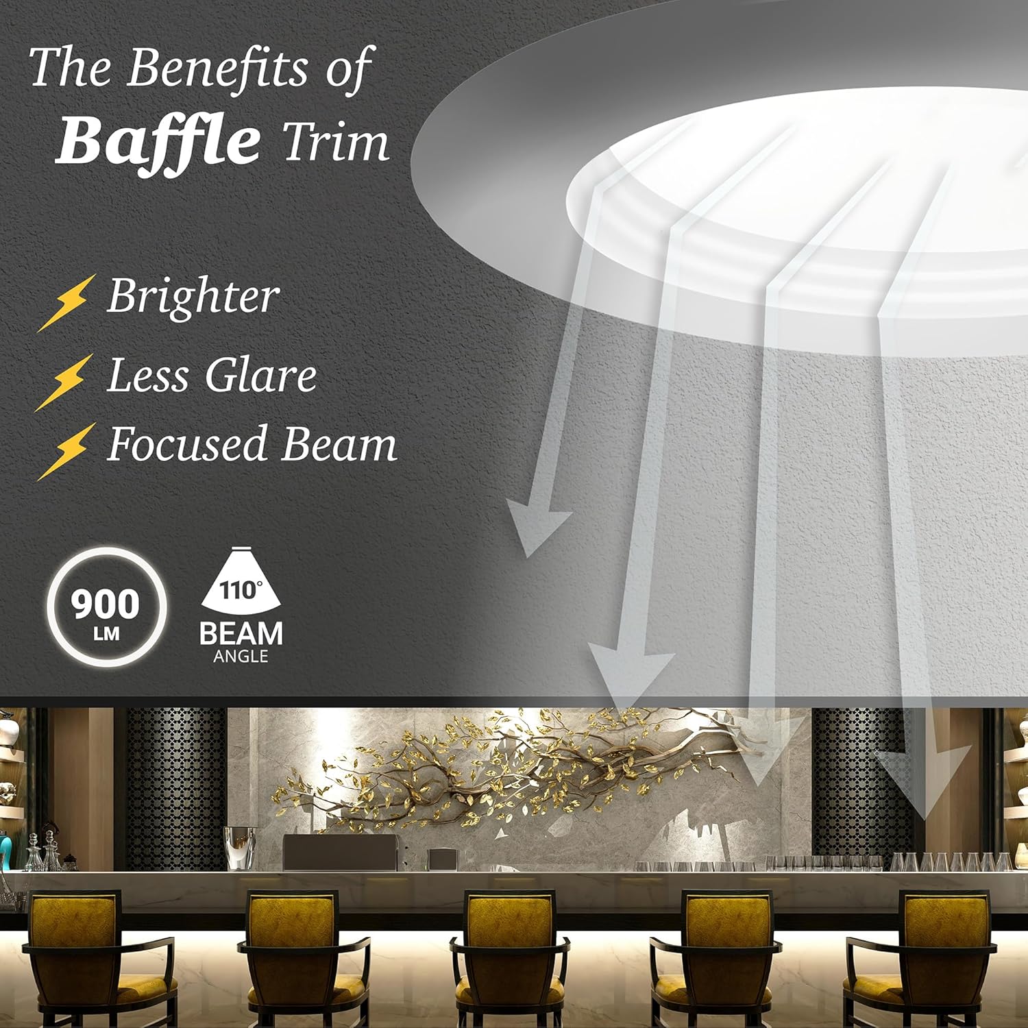 NUWATT 4 Inch 2 HOUR FIRE RATED Baffle LED Recessed Lighting, 27K/30K/35K/40K/50K 5CT Selectable, Dimmable, 900LM, IC Rated, 4in Anti-Glare Wafer Lights, Wet Rated Downlight, No Tenmat Needed. 6 Pack