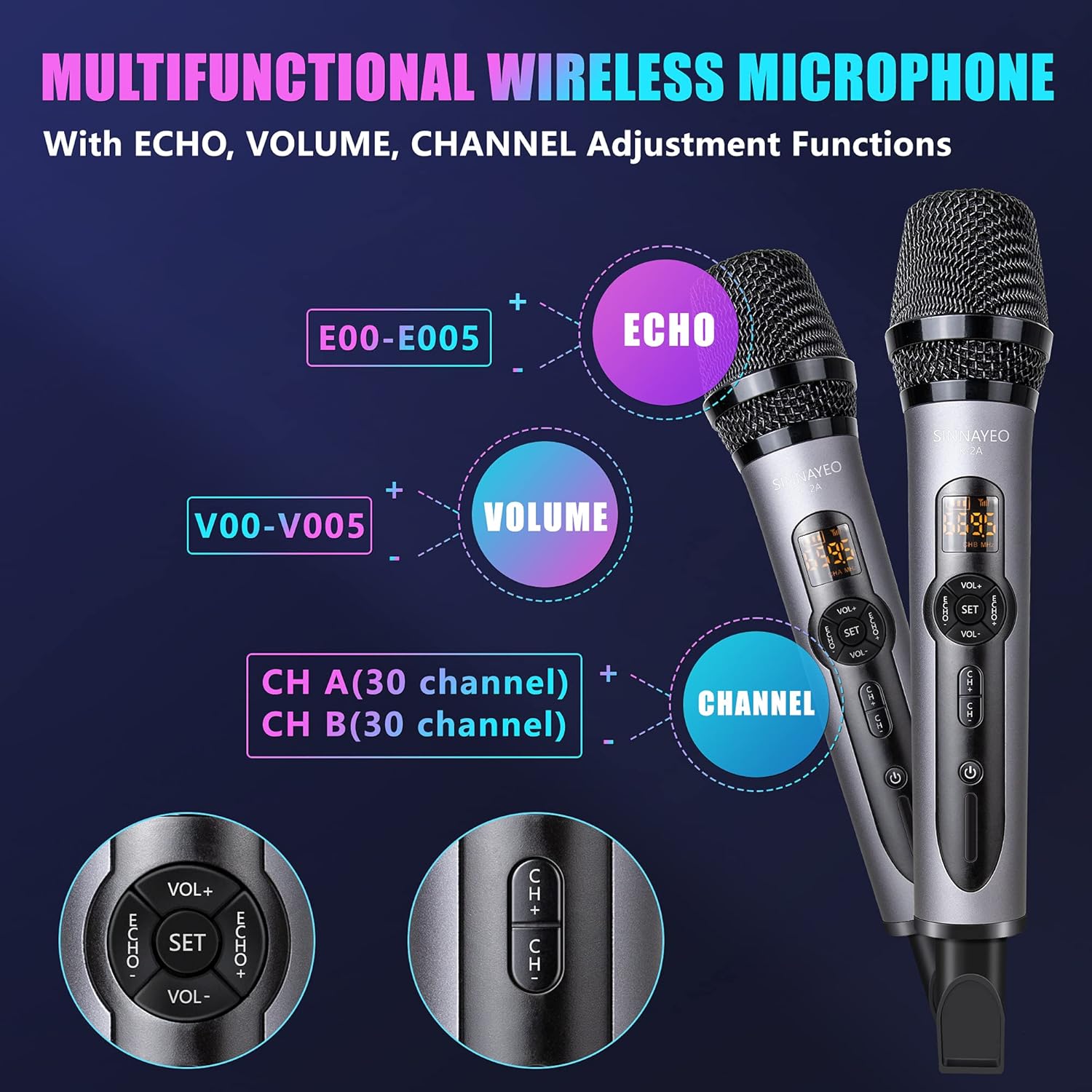 Wireless Microphone, UHF Metal Cordless Handheld Mic System with Rechargeable Receiver, for Karaoke, Singing, Party, Wedding, DJ, Speech Pack of 2