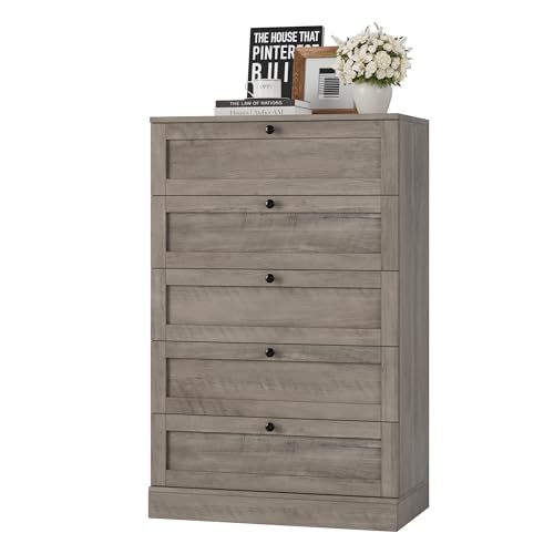 HOSTACK 5 Drawer Dresser for Bedroom, 43.7" Tall Dresser & Chest of Drawers, 29" W Drawer Chest with Metal Handles, Wood Vertical Dresser Storage Cabinet for Living Room, Hallway, Entryway, Ash Grey