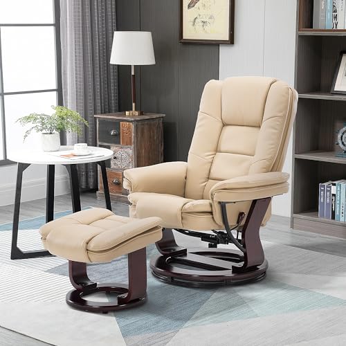 Swivel Recliner Chair with Ottoman Footrest Leather Adjustable Stressless Armchair, Beige