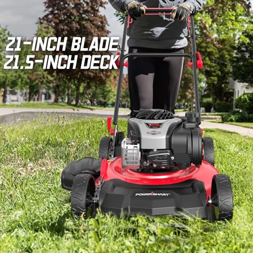 PowerSmart Self Propelled Gas Lawn Mower, Briggs and Stratton E550 140cc Engine, 21-Inch Steel Deck 3-in-1 Mulch, Bag, Side Discharge, 6-Position Dual Lever Height Adjustment