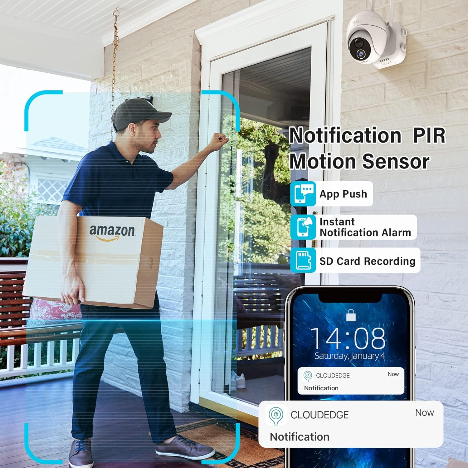 Solar Security Camera Outdoor, XTU Wireless WiFi 360° Camera Outdoor, Rechargeable Solar Powered Camera, Home Surveillance Camera with 1080P Night Vision, PIR Motion Detection, 2 Way Audio, IP66