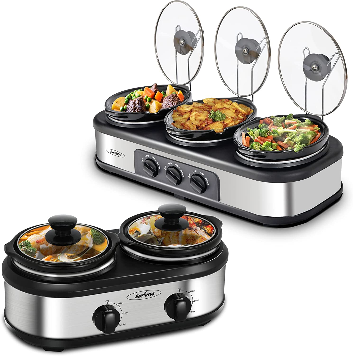 Slow Cooker, Dual and Triple Slow Cooker Buffet Server Multiple Pot Food Warmer, Slow Cooker Buffet Food Warmer Adjustable Temp Lid Rests Stainless Steel