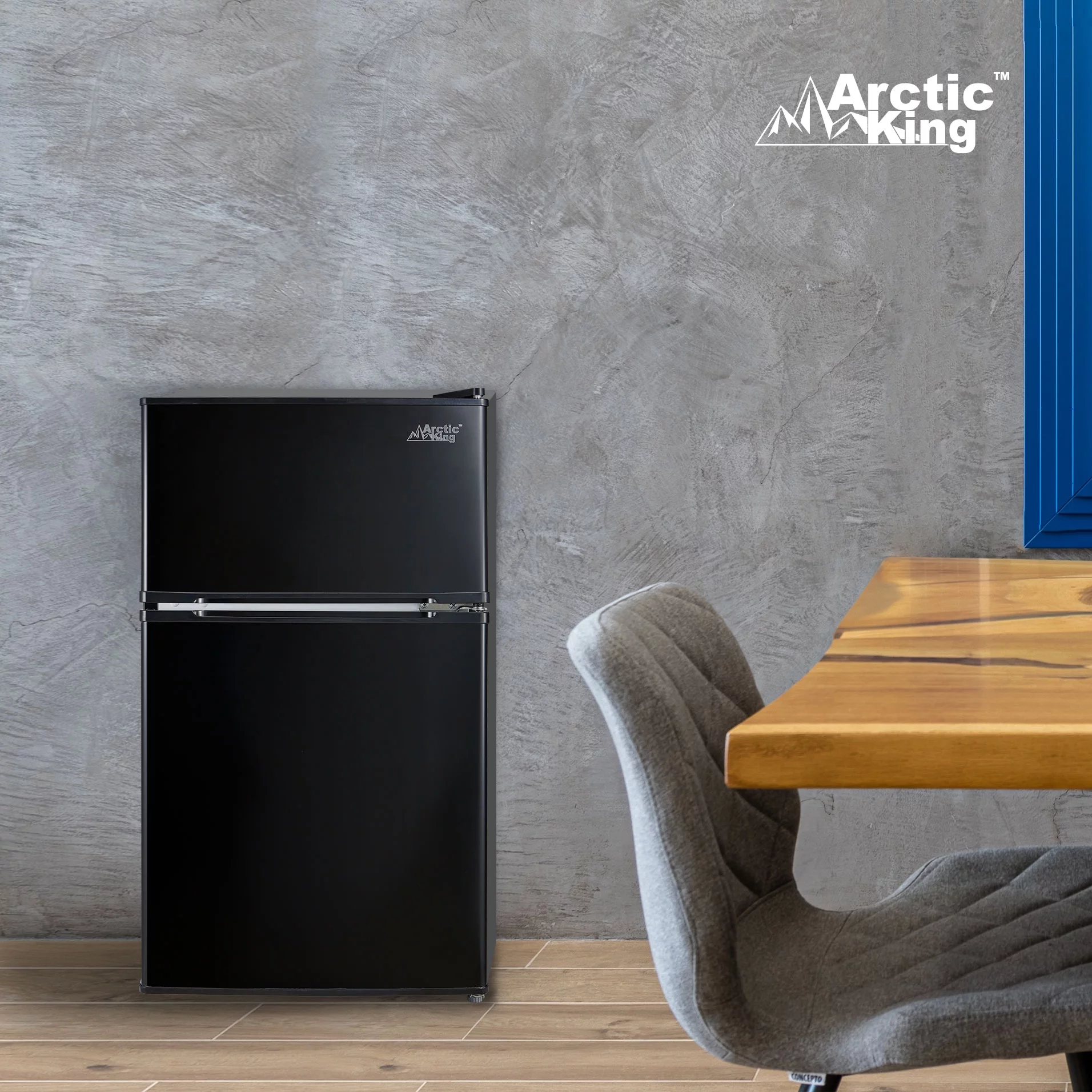 Arctic King 3.2 Cu ft Two Door Mini Fridge with Freezer, Black, E-Star, ARM32D5ABB