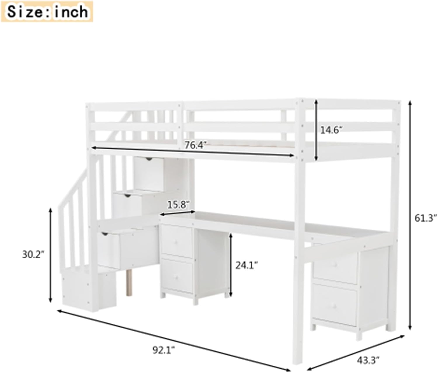Simple double loft bunk bed frame with built-in desk and double storage drawers, with ladder fence, white