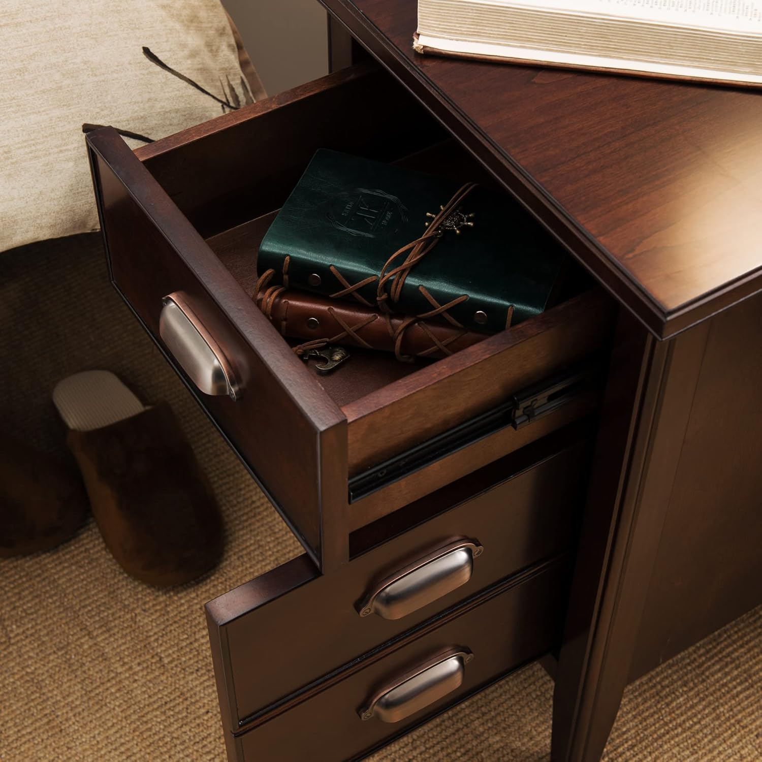 Leick Home 10508 Laurent Cabinet End Table with Top Drawer, Door and 2-plug AC/USB Outlet, Chocolate Cherry