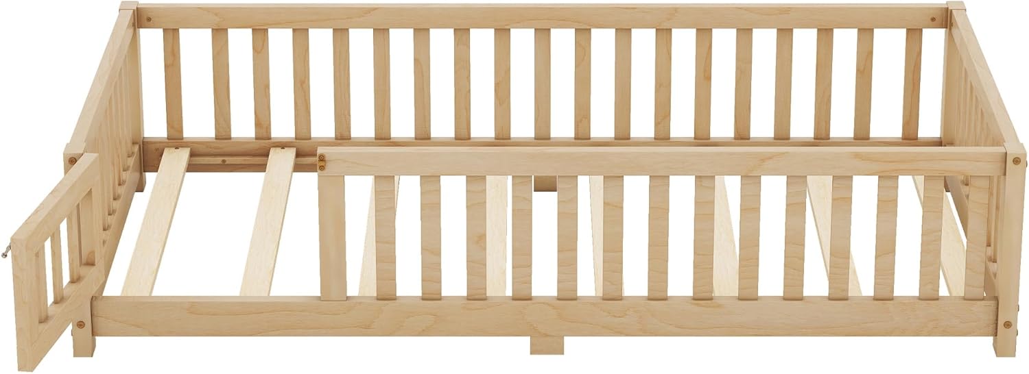 VOXIV Twin Size Montessori Floor Bed,Twin Size Floor Bed with Door and Fence, Floor-Bed-Frame for Children Bedroom,Toddlers, Boys Girls,Easy Assembly,Natural