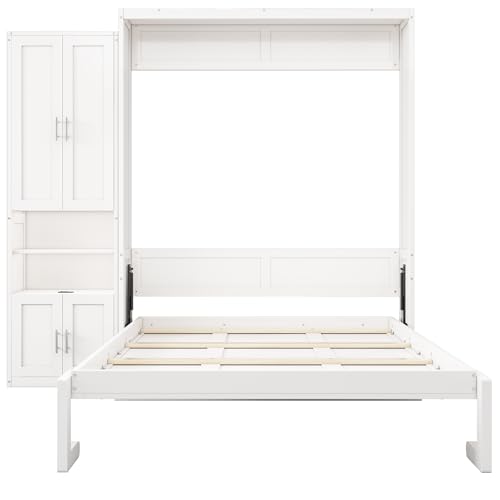 MERITLINE Queen Murphy Bed with Storage Cabinet，Bookcase，Shelves and Charging Station,Wood Folding White Murphy Wall Bed Cabinet for Adults