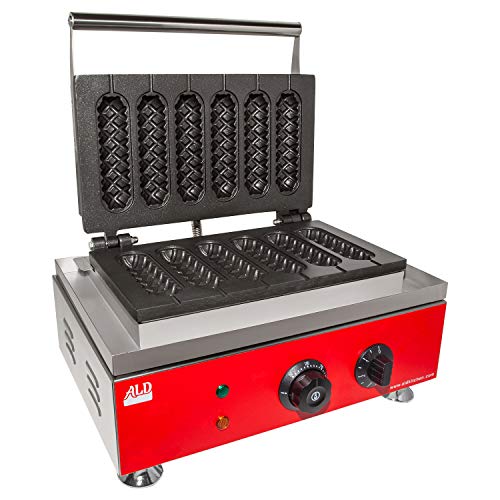 ALDKitchen Waffle Dog Maker | Corn Dog Maker with Red Panel for Business | Stainless Steel | Waffles on a Stick | 110V (5 Waffles)